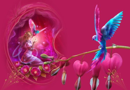 Colorful Magic - crystal, pink, parrot, magic, fairy, fantasy