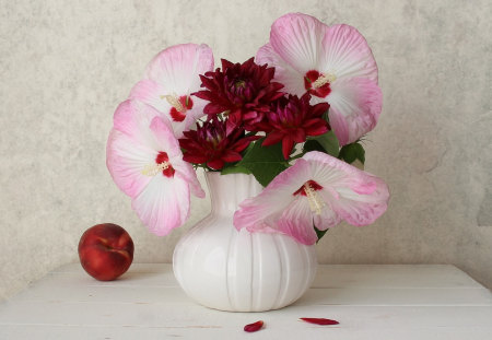 Still Life - beauty, red petals, photography, still life, with love, white, pretty, petals, romance, pink flowers, red flowers, for you, lovely, vase, nature, romantic, red, beautiful, pink, flowers, colors