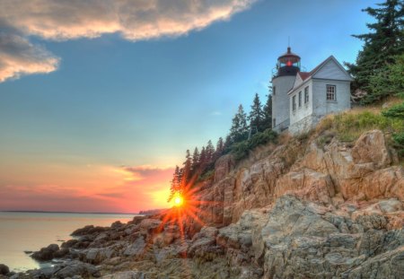 Maine Bassharbor Lighthouse - rock, sky, lighthouse, sunset