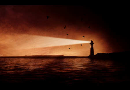 A lighthouse - silhouette, lighthouse, sepia, light, birds