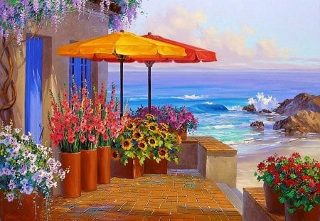 Mikki Senkarik - nice, sky, beach, porch, sailboats, water, colorful, coast, villa, painting, view, art, pretty, umbrella, house, mikki senkarik, ocean, boats, summer, shore, lovely, village, blue, beautiful, sea, flower