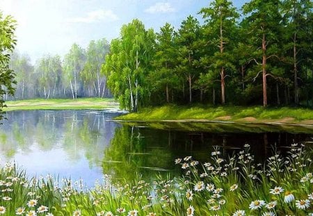 Elena Samara. Forest Lake - painting, lake, elena samara, forest, art, tree