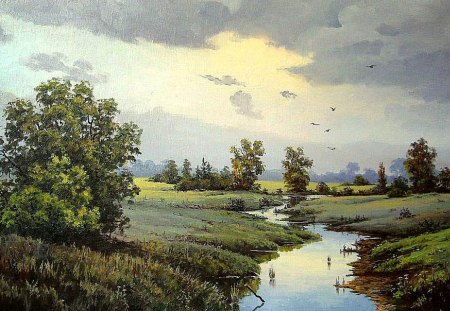 Stanislav Malyarchuk. meadows - painting, art, river, tree, meadows, stanislav malyarchuk