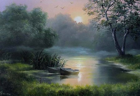 Natalie Turner-Silent River - river, sunset, natalie turner, painting, art, tree