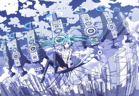 Miku Append - aqua, append, thighhighs, white, reflection, cool, aqua eyes, hatsune miku, leggings, buildings, skyscrapers, vocaloids, vocaloid, lines, beautiful, uniform, shadow, nice, beauty, sky, twintail, aqua hair, miku append, black, bass, pretty, clouds, anime, miku, cute, wares, hatsune, floating, blue, city, awesome, outfit