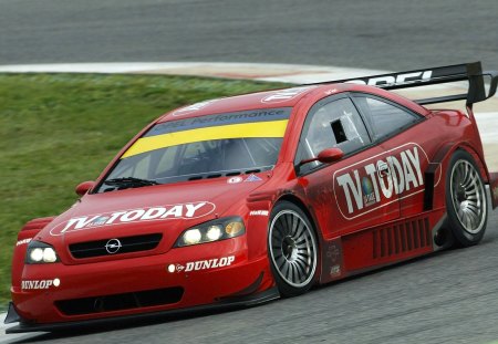 opel race car - sponsorship, red, silver alloys, race track, race modified car