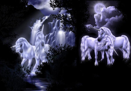 Unicorn Hallow - pretty, moon, water, lavender, light, horse, unicorns, dark, purple, lake, unicorn