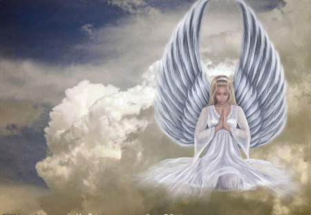 Praying Over The Storm - storm, clouds, heaven, pretty, praying, blue, beautiful, angel, light, pray, white, wings, sky