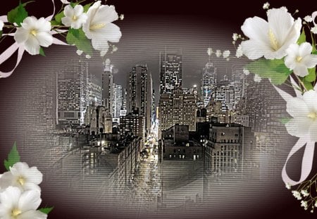 Big City Wishes - flowers, abstract, bright lights, city, fading