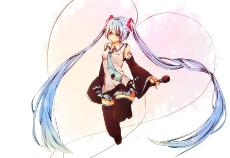 Hatsune Miku - aqua, hot, headset, thighhighs, music, anime girl, stockings, white, art, cool, aqua eyes, artistic, hatsune miku, sexy, skirt, leggings, song, vocaloids, program, vocaloid, beautiful, uniform, diva, beauty, nice, twintail, singer, aqua hair, long socks, black, virtual, pretty, idol, anime, miku, cute, girl, cg, hatsune, microphone, headphones, tie, awesome, digital, gray, outfit