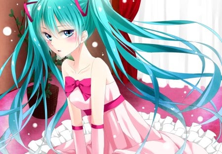 Hatsune Miku - pretty, artistic, pink, nice, program, hot, beauty, virtual, cg, white, cute, aqua eyes, song, sexy, bow, vocaloid, anime, blue, twintail, dress, hatsune miku, music, aqua, red, art, idol, anime girl, beautiful, singer, girl, blush, cool, black, miku, awesome, diva, digital, aqua hair, hatsune, vocaloids