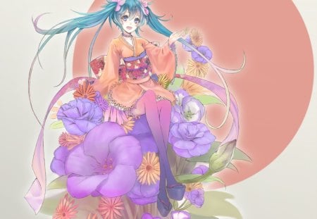 Vocaloid - flowers, headbnad, aqua hair, kimono, long hair, blue eyes