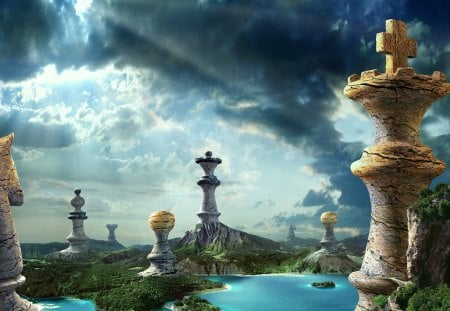 Chess Isle - clouds, game, pieces, blue, brown, island, isle, fantasy, green, chess, sky