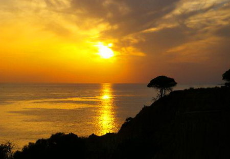 Golden touch of nature - cliff, water, reflections, beauty of nature, sky, clouds, golden, tree, sunset