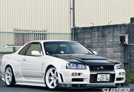 Sky line 02 - white, black hood, nissan, wing