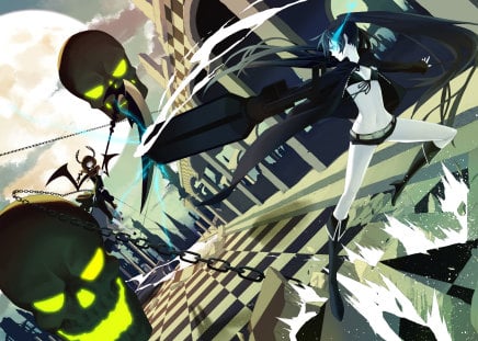 Black ★ Rock Shooter - anime, blue, guns, shooter, rock, death, music, master, black, skulls, chains, fight, sky