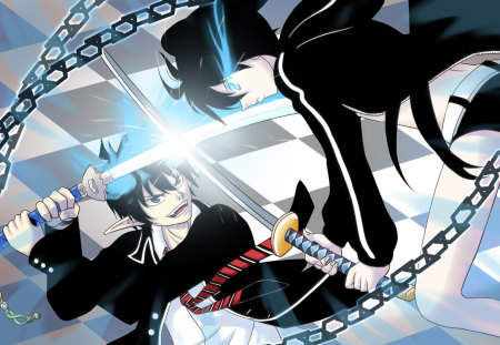 Can't be friend ? - bra, anime, anime girl, kuroi mato, scar, chain, girl, sword, okumura rin, male, black rock shooter, katana, weapon, sexy, ao no exorcist