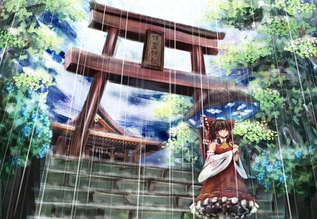 Hakurei Reimu - anime, anime girl, girl, cool, touhou, rain, cute, temple, miko, hakurei reimu