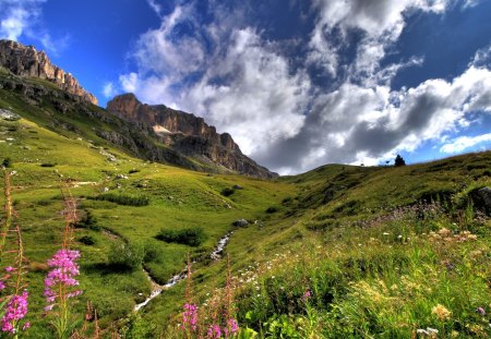 Landscape - hill, sky, landscape, field, mountains, spring, nature, clouds, beautiful, green, flowers, colors, grass