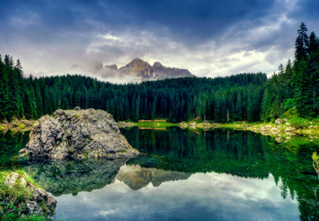 Landscape - clouds, trees, landscape, grass, reflection, nature, green, lake, mountains, sky