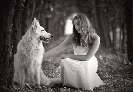 Can we be friends? - white, woman, wolf, dress, friends, forest