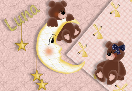 Luna Bears - moon, stars, bears, yellow, pink, cute