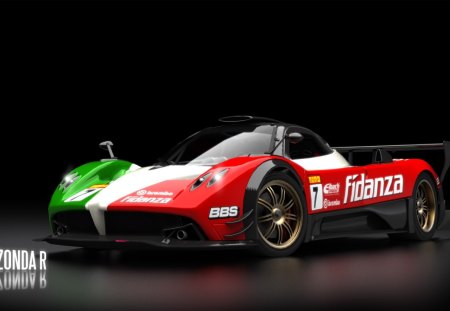 pagani zonda r race car - red, green, whie, gold alloys, two seater, mid engine, race modified