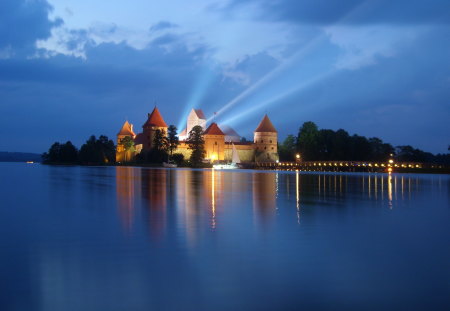 Citadel at night - lake, citadel, night, castle, sky