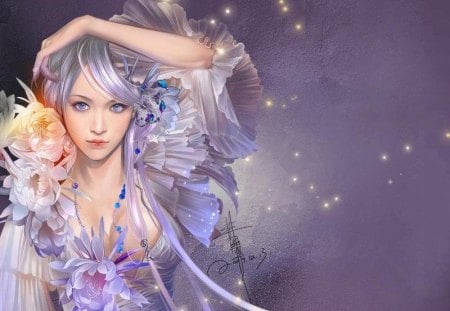 Colour - face, flower, purple, pretty, cute, beauty, colour, anime, girl, cg, fantasy, gorgeous, lips, female, eye, hair