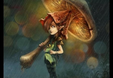 Mushroom Umbrella - cg, fantasy, rain, elf, mushroom, umbrella