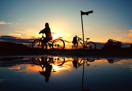 addiction - nature, sky, reflection, sunset, bikes, colors