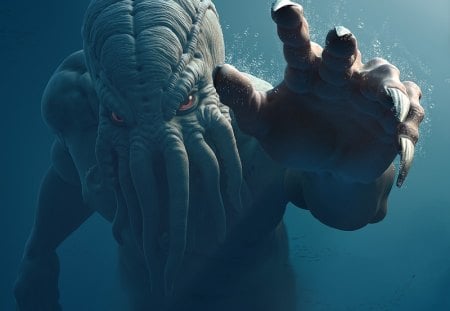 Cthulhu - devil, adventure, blue, cthulhu, water, horror, digital painting, underwater