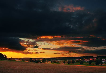 evening-scene - nature, sky, houses, clouds, sunset, colors