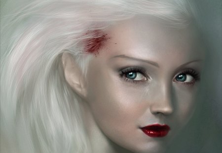 Porcelain Red - beauty, lips, girl, blood, eye, fantasy, cg, face, pretty, red, blonde