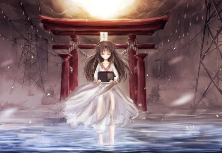 Touhou - hijiri byakuren, water, touhou, see through, dress, brown hair, petals, arufa