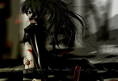 Black★Rock Shooter - pretty, star, artistic, defense, war, battle, sad, nice, cut, bikini top, blue eyes, hot, thighhighs, sword, beauty, blade, cg, white, cute, aftermath, aqua eyes, shorts, song, sexy, scars, wound, blood, bra, stitches, anime, blue, twintail, bloodshed, music, aqua, black rock shooter, red, wire, barb wire, katana, art, idol, game, anime girl, attack, beautiful, girl, cool, black, battle scars, awesome, diva, digital, black hair, jacket, brs