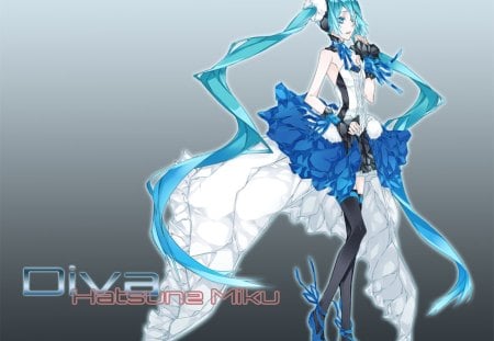 Diva Hatsune Miku - pretty, artistic, project diva, nice, program, leggings, hot, thighhighs, beauty, virtual, cg, white, gray, cute, aqua eyes, song, sexy, vocaloid, anime, blue, twintail, dress, hatsune miku, music, aqua, art, idol, game, anime girl, beautiful, singer, girl, cool, black, miku, awesome, diva, digital, aqua hair, hatsune, vocaloids