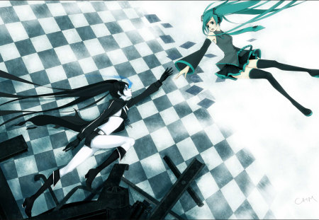 Miku and Black Rock Shooter - twin tails, black rock shooter, miku hatsune, long hair