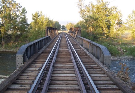 abandoned Rail Line - trees, river, rail line, tressle, bridge