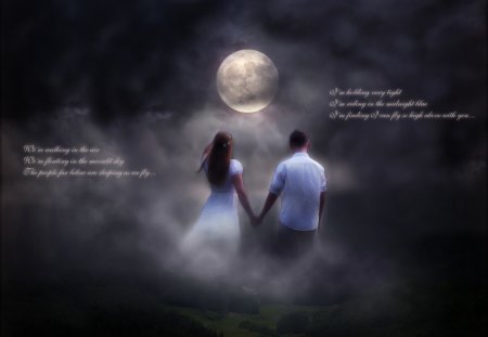 WALKING IN THE AIR - male, clouds, moon, female, mist, poem, night, couple