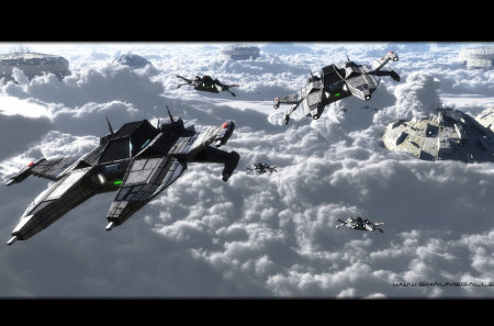 attack fleet - scifi, clouds, buildings, fighters