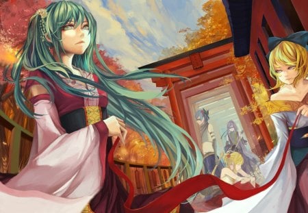 At the Shrine - aqua, music, anime girl, kaito, anime boys, white, art, purple, yellow, cool, aqua eyes, kimono, artistic, hatsune miku, anime girls, kagamine rin, blue eyes, shrine maiden, song, purple hair, vocaloids, program, vocaloid, beautiful, geishas, shrine, diva, beauty, nice, sky, autumn, trees, ninjas, twintail, singer, aqua hair, black, virtual, pretty, clouds, idol, anime, orange, cute, tail, girl, cg, blue hair, boy, awesome, digital, kamui gakupo, kagamine len, blonde