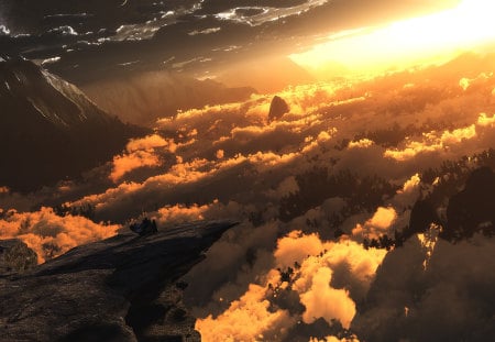 mountains edge - mountains, sky, fantasy, clouds