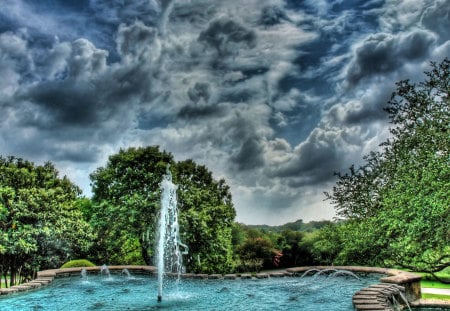 fountain - clouds, trees, nature, fountain, sky