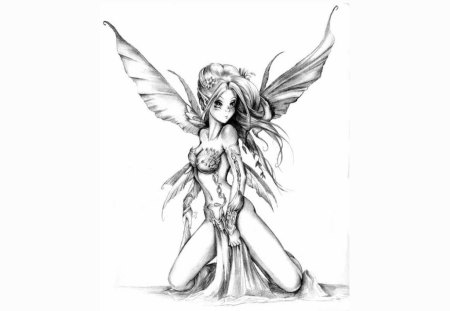 Faerie Sketch - cute, fairy, black and white, faerie