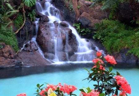 Waterfall - lake, fall, rocks, flowers, waterfall, color