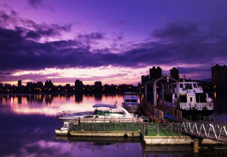 port at night - ship, boat, port, city, color, night, sky