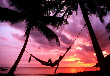 relaxation - sky, ocean, beach, clouds, palms, island, sunset, relax