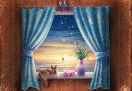 window - beauty, sky, cat, kitty, fantasy, painting, view, abstract, window, artwork, flower