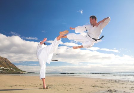 Karate !!! - defense, people, blue, karate, wds, sand, widescreen, white, cloud, sky, other